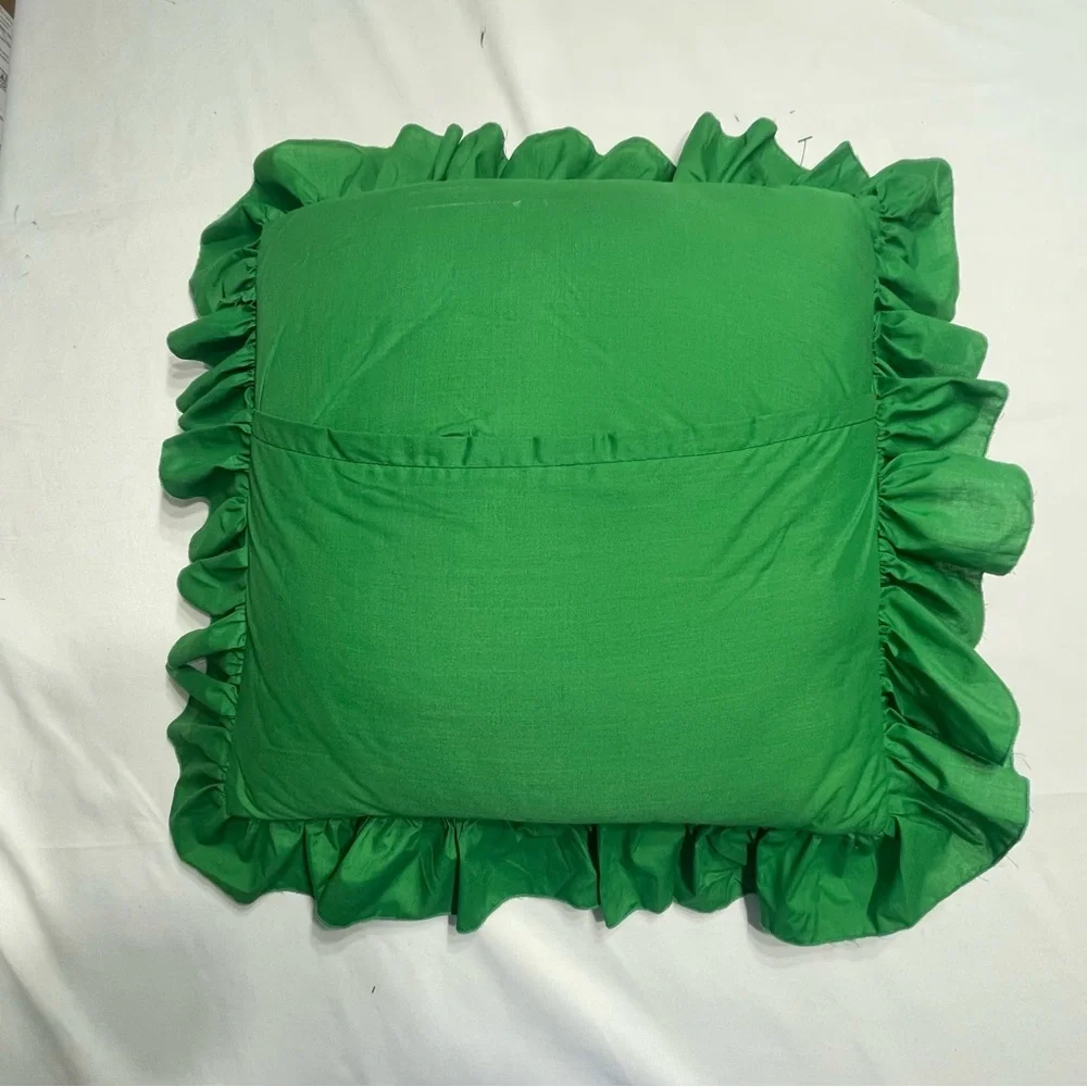 Festive Santa Claus Holiday Pillow with Green Ruffle. Vintage. Handmade. Used.